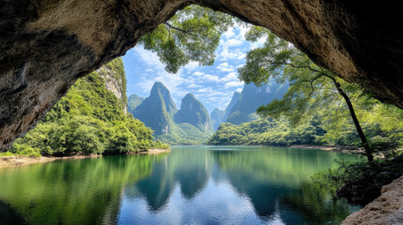 A breathtaking view of karst mountains reflected in serene lakeの素材