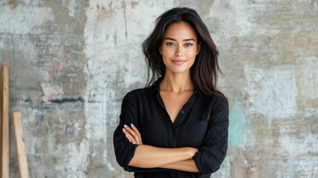A Confident Asian woman smiling with arms crossed in modern settingの素材