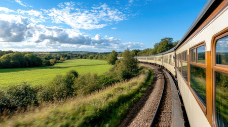 A scenic train journey through lush green landscapes and blue skiesの素材