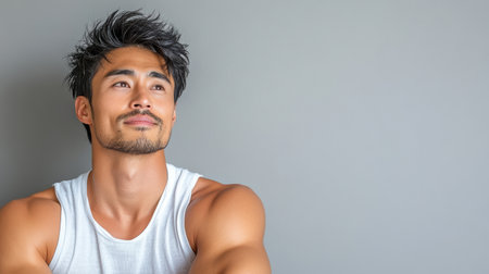 A Thoughtful Asian man with short hair, wearing sleeveless shirt, smilingの素材