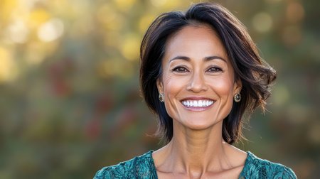 A Joyful Asian woman smiling outdoors with blurred backgroundの素材