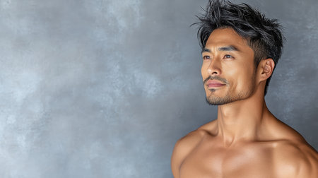 A Confident Asian man with stylish hair posing against gray backgroundの素材