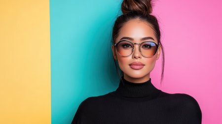 A Stylish Asian woman wearing glasses against colorful backgroundの素材