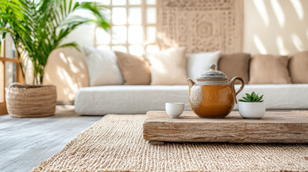 A Cozy Moroccan tea house with warm atmosphere and natural decorの素材