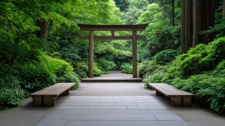 An Ancient Shinto shrine surrounded by lush greenery and serene pathwaysの素材