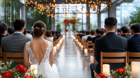 A beautiful wedding ceremony with guests seated in decorated venueの素材