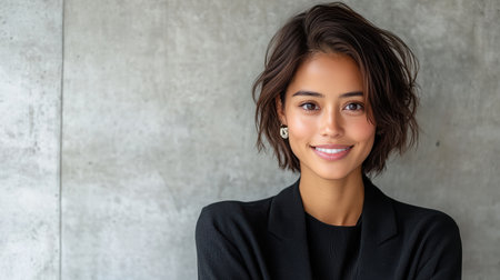 A confident woman with short hair smiles against concrete wallの素材