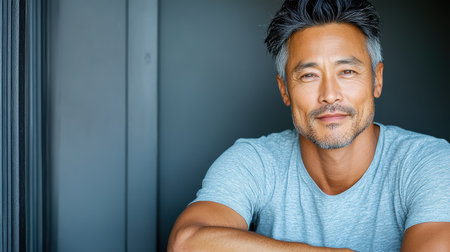 A contemplative Asian man with thoughtful expression in casual settingの素材