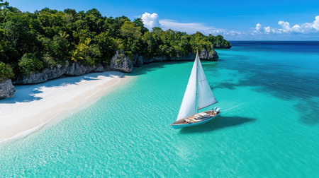 A serene beach with sailboat gliding over crystal clear watersの素材