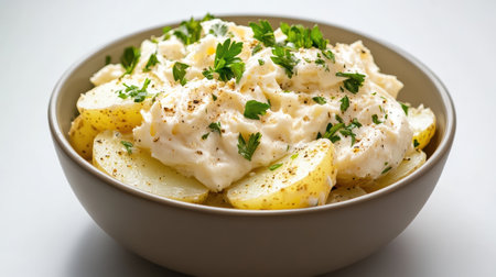A Creamy potato salad with herbs and spices in bowl, perfect for gatheringsの素材