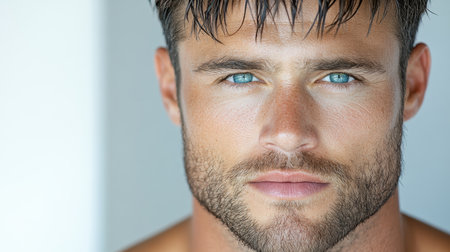 A striking portrait of man with intense blue eyes and strong presenceの素材