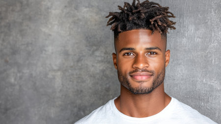 A Confident man with stylish hair and warm smile against textured backgroundの素材