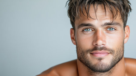 A relaxed man with blue eyes and tousled hair, exuding confidence and charmの素材