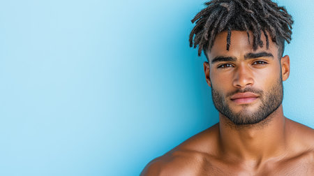 A Confident man with stylish hair against blue background, showcasing strength and charismaの素材