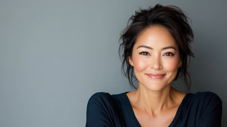 An Elegant Asian woman smiling with joyful expression against gray backgroundの素材