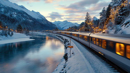 A scenic train journey through snowy mountains and tranquil riverの素材
