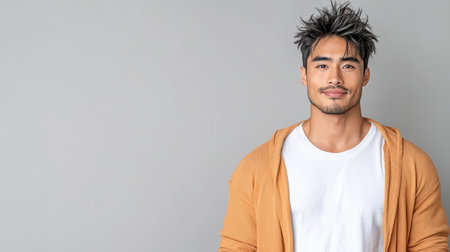 A Confident Asian man smiling in casual attire against gray backgroundの素材