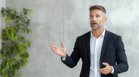 A Professional man in suit giving presentation in modern officeの素材