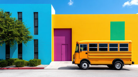A school bus parked in front of vibrant, colorful buildingの素材