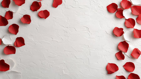 A Romantic red and white rose petals on textured white backgroundの素材