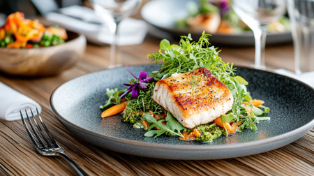 A Delicious modern dish featuring grilled fish on bed of fresh greensの素材