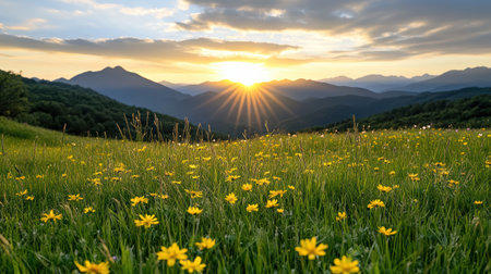 A scenic mountain view with wildflowers and beautiful sunsetの素材