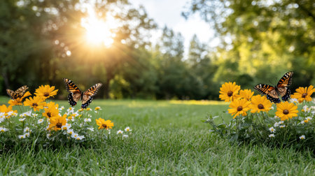 A vibrant flower garden with butterflies and sunlight shining through treesの素材