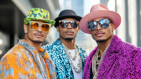 A Stylish men in vibrant outfits showcase streetwear fashion trendsの素材