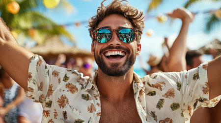 A Joyful man celebrating at summer beach party with friends and sunshineの素材