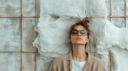 A woman with sunglasses relaxing against textured wall, exuding calmnessの素材