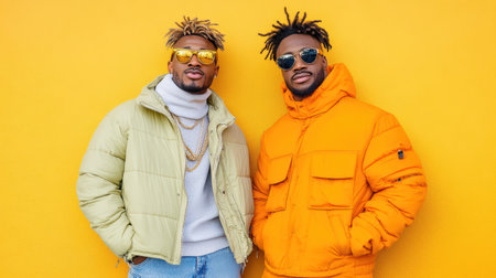 A Stylish men in trendy jackets against vibrant yellow wallの素材