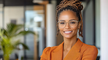 A Confident woman smiling in professional setting with glassesの素材