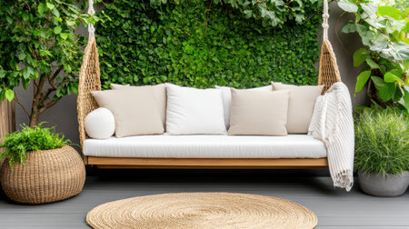 A Cozy outdoor lounge with cushions, blankets, and greenery for relaxationの素材