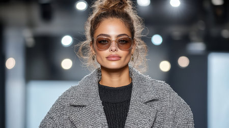 An Elegant model in chic layered outfit with sunglasses on runwayの素材