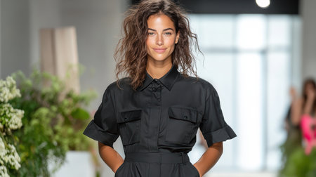 A model in sleek modern jumpsuit showcasing confidence and styleの素材