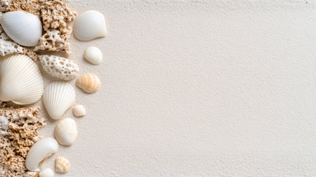 A Scattered seashells and coral on sandy beach create serene atmosphereの素材