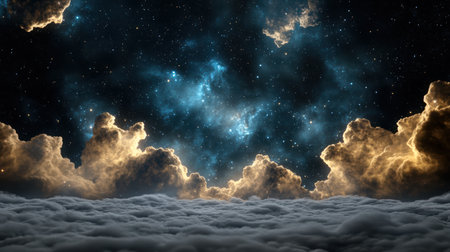 A Colorful digital clouds swirling in cosmic space with starsの素材