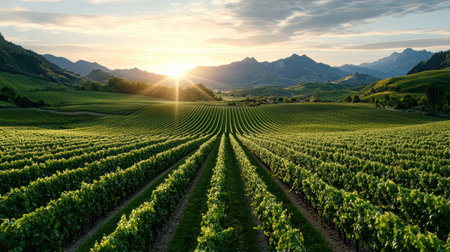 A scenic vineyard with rolling hills and grapevines at sunsetの素材