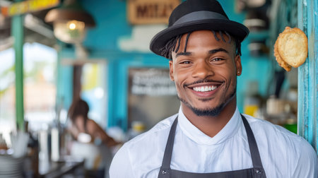 A Waiter smiling in vibrant cafe, engaging with customers happilyの素材
