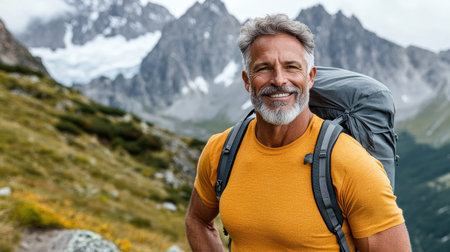 An Enjoying scenic hike, older man smiles with mountains behind himの素材