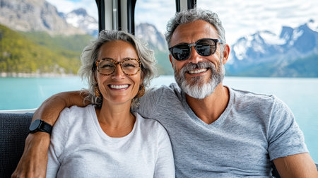 An Enjoying scenic train journey, older couple smiles happily togetherの素材