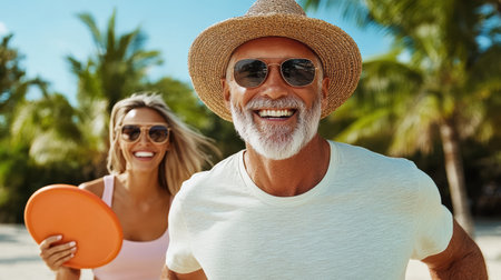 An Older man and woman enjoying frisbee on sunny beach, smiling happilyの素材