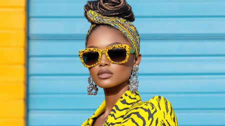 A Bold graphic print outfit with vibrant colors and stylish accessoriesの素材