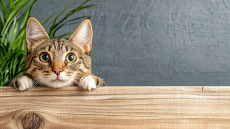 A Curious cat peeking over wooden surface with plant backdropの素材