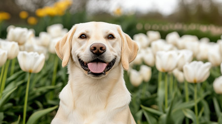 A happy dog in field of white tulips, enjoying sunny day outdoorsの素材