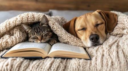 A Cozy dog and cat snuggled under blanket with book, enjoying warmthの素材