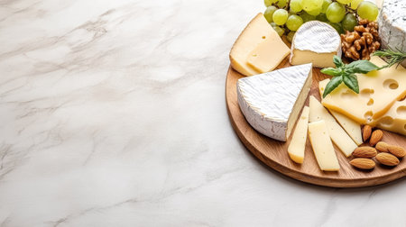 A Gourmet cheese platter with assorted cheeses, fruits, and nuts for sharingの素材