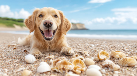 A happy dog exploring beach with seashells under sunny skyの素材