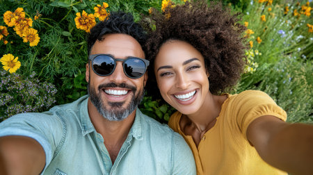 A couple smiling together in vibrant flower garden, enjoying nature beautyの素材