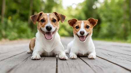 A Happy dogs sitting together on wooden path in woodsの素材